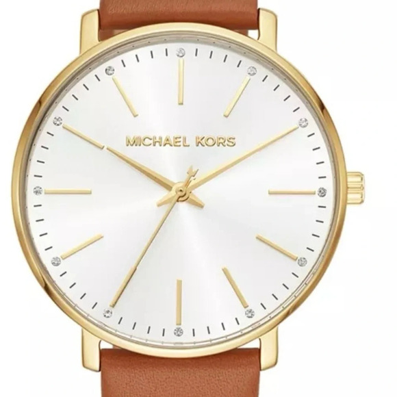 NWT Michael Kors Pyper Gold-Tone/Leather Luggage Strap.White Sunray Crystal 38mm - Picture 2 of 7